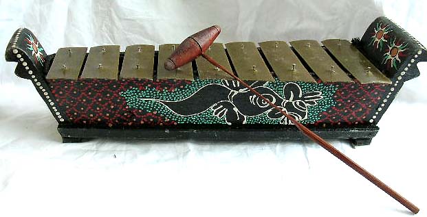 Wooden mini boat shape piano with hammer, Batik dotted pattern decor on side
