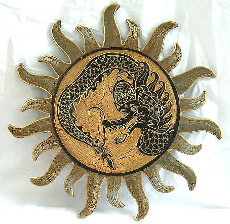 Rounded tan crack wooden wall plaque with black dragon central decor and fire edge design