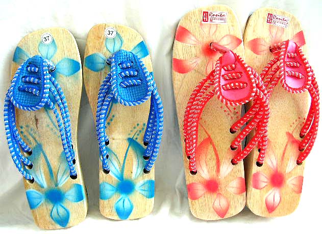 Wood sandals supplier wholesale hawaiin floral painting wooden beach summer sandals shoes tongs
