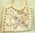 Fashion cotton hand bag with beaded flower decor and wooden handle for comfortable holding, assorted color randomly pick