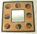 Square shape tan crack wooden mirror with 3 yin yang pattern decor on each side