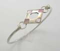 925 sterling silver bangle in cut-out triangular-shaped with mini white/pink mother of pearl seashell inlay, randomly pick by wholesale people. 