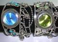 Assorted sparkle color circle clock face bangle watch with assorted beads design, bead chain dangle holding jiggle bell