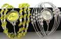 Wide beaded wire band fashion bangle watch design with flashing color clock face