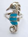 Sterling silver seahorse ring with turquoise or assorted mother of seashell inlaid