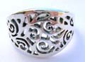 Flat wide band sterling silver ring with filigree flower pattern design