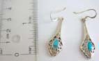 Genius 925.stamped sterling silver fish hook earring motif long diamond shape with filigree pattern and blue turquoise chips inlaid