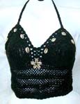 Beach wear black crochet top with genuine sea shell flower and top ties at neck and back design 