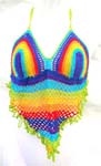 Rainbow color triangle crochet top with V shape on belly part and top ties at neck and back design
