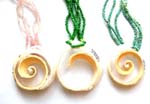 Assorted multi seed bead forming a necklace with white spiral shape seashell pendant