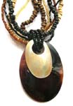 Multi brown wooden beads necklace with white and brown long oval shape seashell pendant