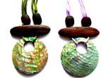 Adjustable necklace with long wooden holding a round abalone seashell pendant