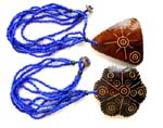 Assorted coconut wooden necklace with dark blue beads design and seashell button for closure