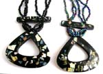 Multi black beaded necklace motif in cut-out triangle shape pendant design with assorted seashell chips inlaid