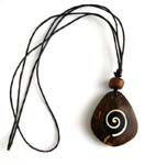 Coconut wooden black cord necklace with water-drop shape design and carved in white spiral shape on pendant