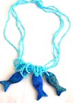 Light blue beaded necklace with triple heart or triple fish genuine hand carved stone pendant, randomly picked by warehouse staffs