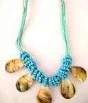 Multi green strings necklace with blue beaded and 5 water-drop seashell pendant
