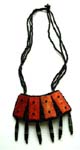 Muliple string seed bead necklace with rectangular leather decoration on fan shape beaded pendant, imitation leather back