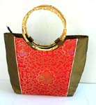 Chinese silk brocade wooden handle handbag with floral design