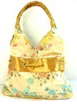 Golden Chinese silk tote double handle purse with floral scene design and gold 
