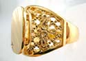 Gold ring motif square pattern with engraved line design embedded mini clear cz and filigree flower on each side