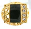 Fashion gold ring motif rectangular shape divided in 3 section with enamel black color and clear cz design embedded filigree flower on each side