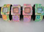 Printed color fashion bangle watch with square shape clock face with rainbow color floral design