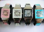 Fashion rectangular bangle watch with Roman number on watch face and rainbow words on bangle design
