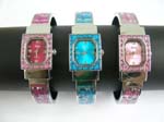 Enamel fashion rectangular bangle watch with red, blue pink color design and leaf inlaid on bangle