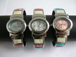 Ellipse fashion watch embedded mother of pearl dial on watch face and multi assorted color rectangular seashell design