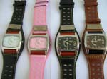 Assorted color strap watch with silver button design