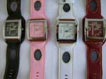 Square strap leather watch with assorted color design and black oval shape web on bangle