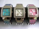 Men's square bangle watch with blue, white, pink color design
