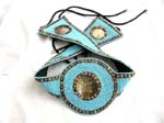 Blue color seed bead belt with coconut wood button decor and abalone seashell buckle design, two strings for closur