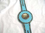 Blue color seed bead belt with coconut wood button decor and abalone seashell buckle design, two strings for closur