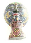 Blue lady face dotted painting color mask with yellow fire decor on face and one fringe touching a mouth
