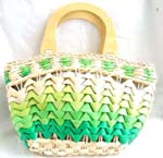 Multi green straw hand bag with double wooden handle,zipper closure and inner pocket design