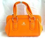 Imitation leather orange double handle hand bag with inner zipper, inside cell phone pocket and inside zipper pocket