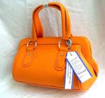 Imitation leather orange double handle hand bag with inner zipper, inside cell phone pocket and inside zipper pocket