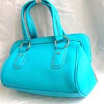 Imitation leather blue double handle hand bag with inner zipper, inside cell phone pocket and inside zipper pocket