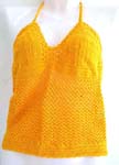 Summer wear crochet top motif fish-net pattern with top ties at neck design in yellow color