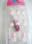Artificial nails art kit with pink Sakura flower design, included 10 nature nails, one glue and application on back