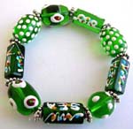 Fashion stretchy green bracelet with multi white brown hand-painted Chinese lampwork glass bead and flat silver beads design