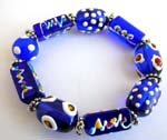 Fashion stretchy blue bracelet with multi red white hand-painted Chinese lampwork glass bead and flat silver beads design 