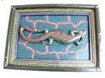 Dotted painting art gecko wall plaque with green background and pink electric line design