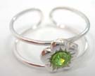 Solid 925 sterling silver, double band toe ring with green crystal in center of flower