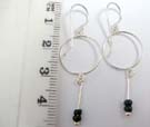 925. sterling silver threader earrings with hoop holding dangling rod and two black beads