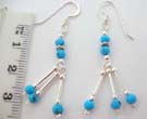 Turquoise on lovely 925. sterling silver fish hook earrings with beaded top and triple rod dangling