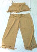 Fancy fringe lady's casual pant set top with natural color design, cocnut buckle included