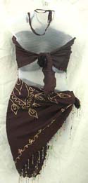 Fashion baby doll style lady's skirt set brown smock beaded fringe on top and skirt, also it had sewing embroidery flower on skirt 